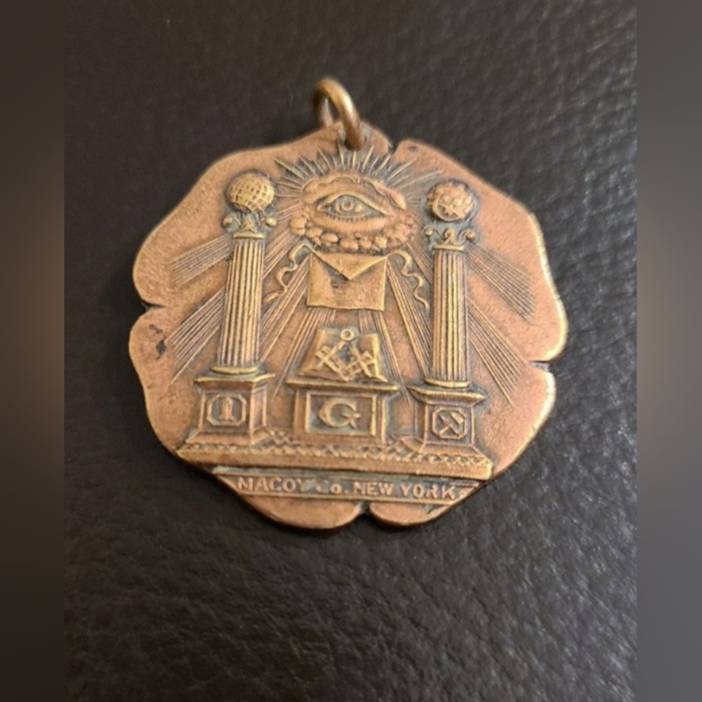 Antique 1900's New York Masonic Medal Medallion Necklace Pendant Masons